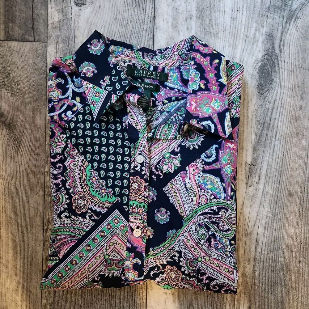 Lauren Ralph Lauren Shirt Womens Large Multicolor Paisley Non Iron Button Down